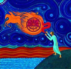 Elisha sees Elijah ascend to heaven in a fiery chariot.