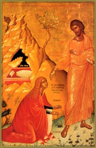 Mary Magdalene greets the risen Christ in the garden