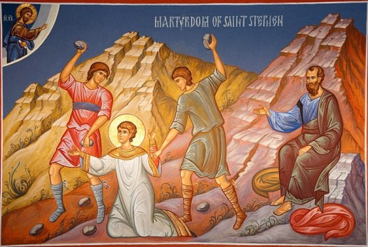 Stephen's martyrdom. Saul (later to be Saint Paul) is shown approving the stoning of Stephen. Unfortunately the icon is rather bland and does not capture the intensity of Stephen's visionary experience.