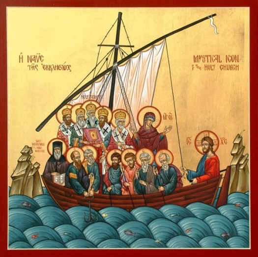 A typical icon showing the church as a boat through the sea of history with Jesus at the helm. Naturally, the icon shows bishops and kings instead of ordinary people.