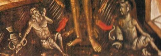 Detailed view of the bottom of the icon on the left to show the two mythological figures in the waters of the Jordan (Click to further enlarge)